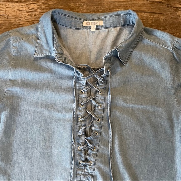 Denim deep V lace up top - Picture 2 of 4